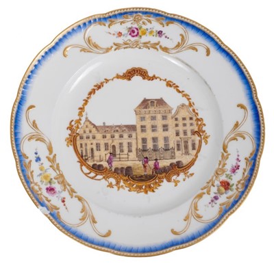 Lot 171 - A Meissen plate from the Stadhouder William V service, circa 1772-74, blue crossed swords and dot mark, the centre painted with a view of 'Het Oost Indisch Huis te Delft', titled on the reverse in...