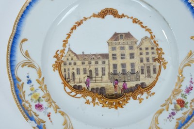 Lot 171 - A Meissen plate from the Stadhouder William V service, circa 1772-74, blue crossed swords and dot mark, the centre painted with a view of 'Het Oost Indisch Huis te Delft', titled on the reverse in...