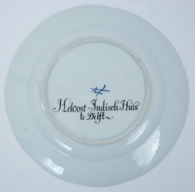 Lot 171 - A Meissen plate from the Stadhouder William V service, circa 1772-74, blue crossed swords and dot mark, the centre painted with a view of 'Het Oost Indisch Huis te Delft', titled on the reverse in...