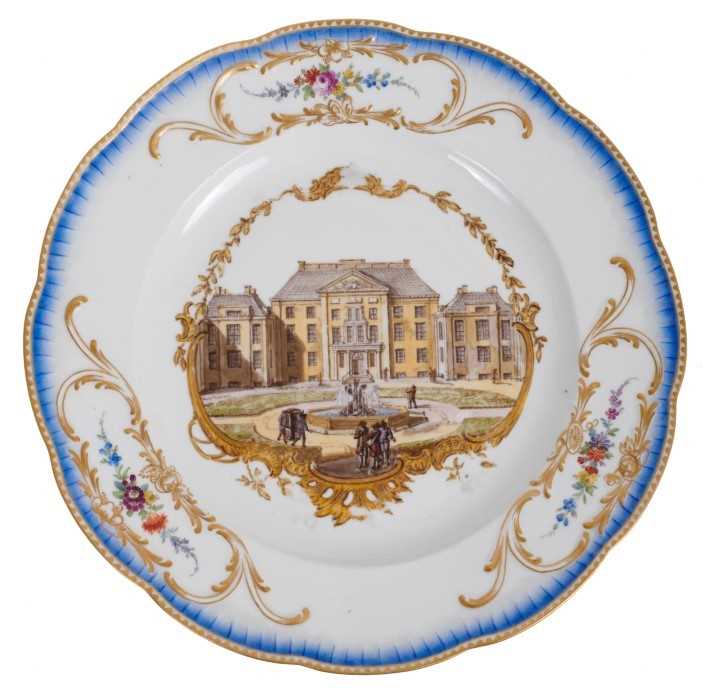Lot 172 - A Meissen plate from the Stadhouder William V service, circa 1772-74, blue crossed swords and dot mark, the centre painted with a view of 'Het Prinsen Lusthuys het Loo van vooren te zien', titled o...