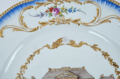 Lot 172 - A Meissen plate from the Stadhouder William V service, circa 1772-74, blue crossed swords and dot mark, the centre painted with a view of 'Het Prinsen Lusthuys het Loo van vooren te zien', titled o...