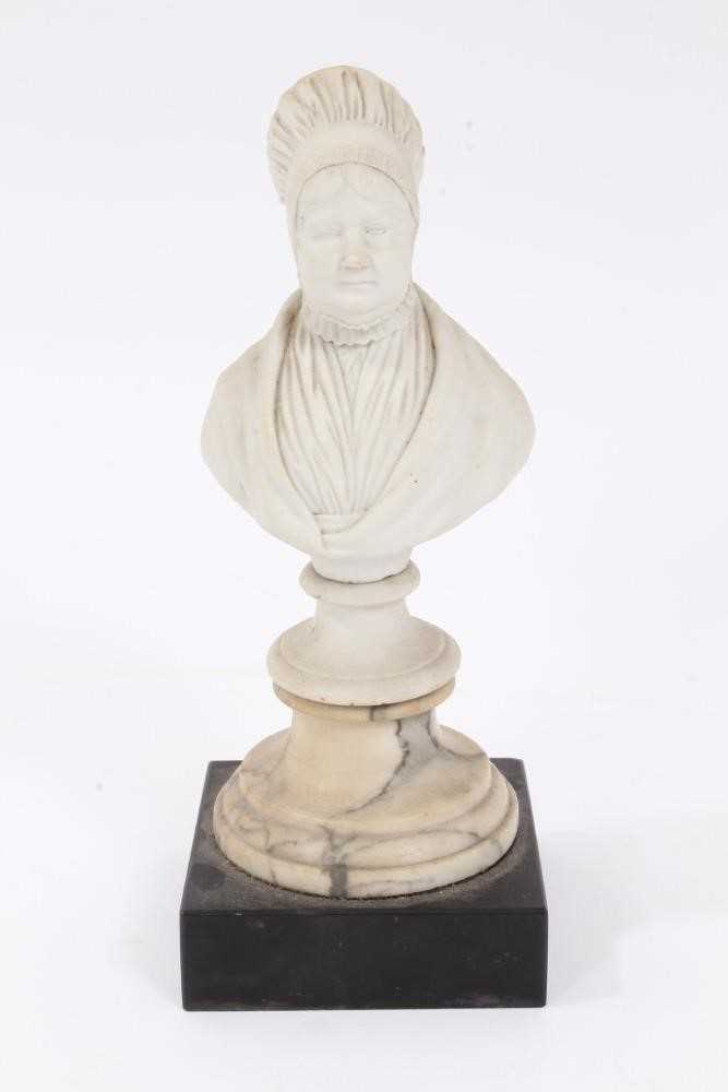 Lot 851 - Early Victorian bisque porcelain bust, signed 'Mary Rivers Sc, London, published as the act directs, May 18th, 1843, raised on socle base, raised on marble socle and square slate plinth, 19cm high