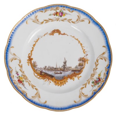 Lot 173 - A Meissen plate from the Stadhouder William V service, circa 1772-74, blue crossed swords and dot mark, the centre painted with a view of 'De Stad Montfoort', titled on the reverse in black script,...