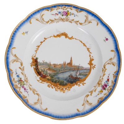 Lot 174 - A Meissen plate from the Stadhouder William V service, circa 1772-74, blue crossed swords and dot mark, the centre painted with a view of 'De Stade Arnhem', titled on the reverse in black script, t...