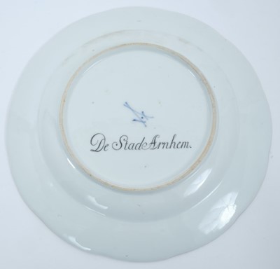 Lot 174 - A Meissen plate from the Stadhouder William V service, circa 1772-74, blue crossed swords and dot mark, the centre painted with a view of 'De Stade Arnhem', titled on the reverse in black script, t...