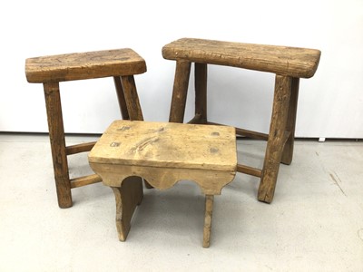 Lot 217 - Three old stools large H54, W56, D21cm Medium H52, W39, D22cm small H33cm, W44cm, D27cm