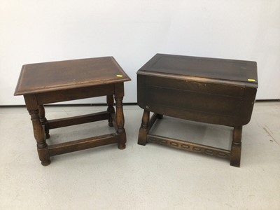 Lot 195 - Small drop leaf table together with an oak table, drop leaf H41, W66.5, D51cm, stool H41, W46, D36cm