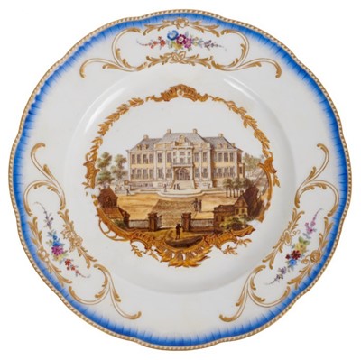 Lot 175 - A Meissen plate from the Stadhouder William V service, circa 1772-74, blue crossed swords and dot mark, the centre painted with a view of 'Het Koninch Jagt huys Soesdyk nu toebehorende aan den Heer...