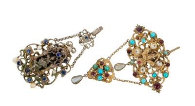 Lot 462 - Two late 19th century Austro Hungarian Holbeinesque silver and gem-set pendants, one with turquoise, pearls and garnets, 75mm x 55mm, the other with blue stones and freshwater pearls, 70mm