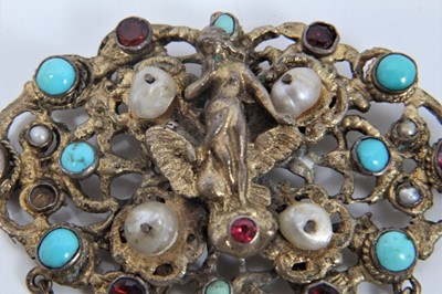 Lot 462 - Two late 19th century Austro Hungarian Holbeinesque silver and gem-set pendants, one with turquoise, pearls and garnets, 75mm x 55mm, the other with blue stones and freshwater pearls, 70mm