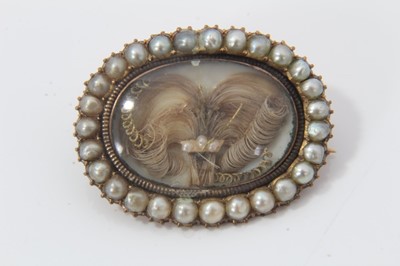 Lot 463 - Group of jewellery to include a Georgian seed pearl mourning brooch, Victorian pearl star brooch with seed pearls sewn onto mother of pearl, Victorian gold and seed pearl crescent brooch, seed pear...