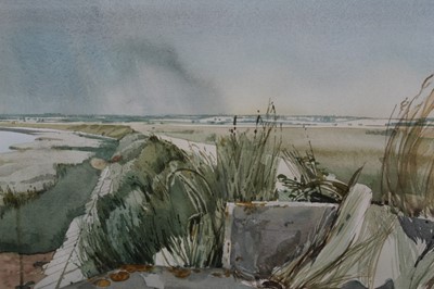 Lot 1092 - *Michael Mick Smee (b.1946) watercolour - Seawall at Fingringhoe, 41cm x 61cm, in glazed frame