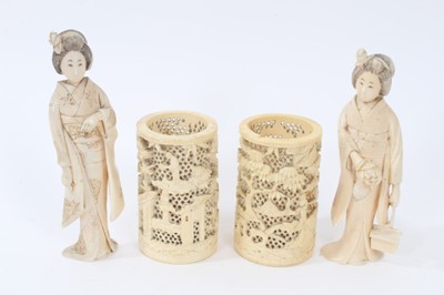 Lot 756 - Pair of Japanese carved ivory figures of geisha and pair of pierced ivory  brush pots