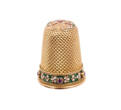 Lot 480 - Good quality Victorian gold enamel and gem-set thimble with green and white enamel band applied with rubies. Tests as approximately 15ct gold.