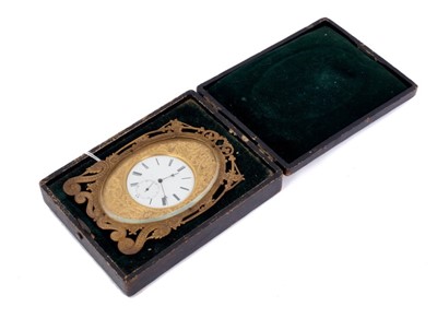 Lot 602 - Good quality Victorian strutt clock with white enamel dial and subsidiary seconds , blued steel hands, pocket watch movement in ornate ormolu case with pierced and engraved floral scroll decoration...