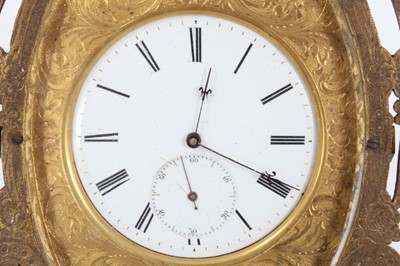 Lot 602 - Good quality Victorian strutt clock with white enamel dial and subsidiary seconds , blued steel hands, pocket watch movement in ornate ormolu case with pierced and engraved floral scroll decoration...