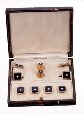 Lot 483 - Set of Art Deco gentlemen's gold black onyx and seed pearl dress studs comprising a pair of cufflinks, four buttons and a pair of shirt studs, all in original fitted leather box.