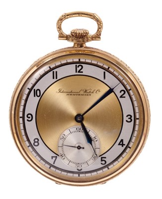 Lot 558 - Art Deco IWC 14ct gold pocket watch, the dial with subsidiary seconds dial, signed International Watch Co, Schaffhausen, button wind movement signed and numbered 954638, in 14ct gold case with two-...