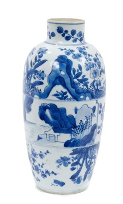 Lot 186 - Chinese blue and white porcelain vase, 17th/18th century, of ovoid form, decorated with horizontal bands containing birds, flowers and landscapes, 21cm high