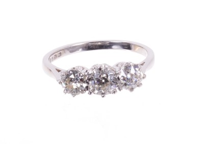 Lot 486 - Diamond three stone ring with three old cut diamonds in claw setting on 18ct white gold shank. Estimated total diamond weight approximately 1.35cts. Finger size approximately M.