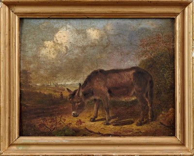 Lot 1117 - James Prentice of Halstead (c.1823-c.1890) oil on panel - a donkey in landscape, signed verso and dated 1856, in gilt frame, 25cm x 32cm