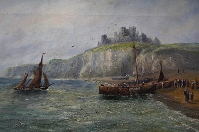 Lot 1256 - R. Douglas, late 19th century, oil on canvas - Dover Castle with fisher-folk and vessels on the shore, signed and indistinctly dated, in gilt frame, 19cm x 39cm