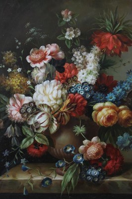 Lot 1259 - Attributed to Emillio Greco, pair of oils on panel - still life profusion of summer flowers, in gilt frames, 60cm x 50cm