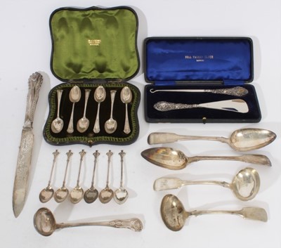 Lot 351 - Pair of George III silver fiddle pattern table spoons (London 1798) together with a cased set of six Victorian silver tea spoons (London 1898) and other Georgian and later silver flatware (various...
