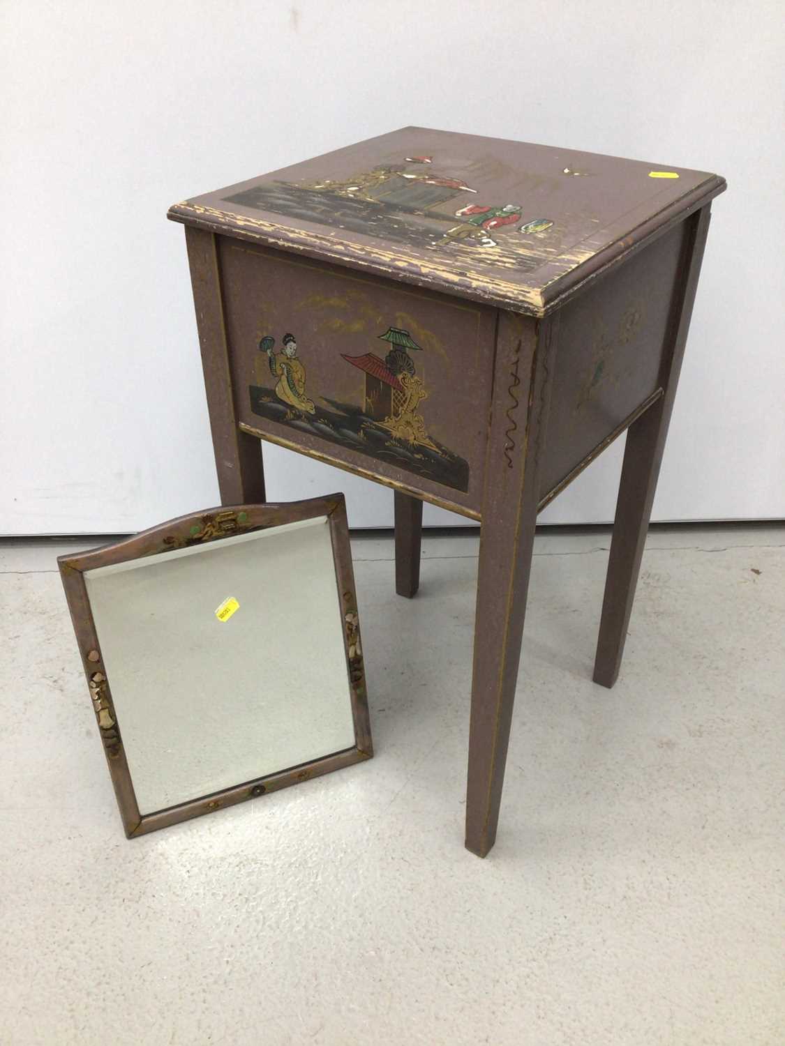 Lot 121 - Oriental painted sewing table with mirror H63, W35.5cm mirror H35, W28.5cm