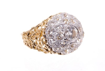 Lot 493 - Diamond cluster ring, the bombe style cluster with a central brilliant cut diamond estimated to weigh approximately 1ct, surrounded pavé set old cut diamonds, with gold wire work shoulders and shan...
