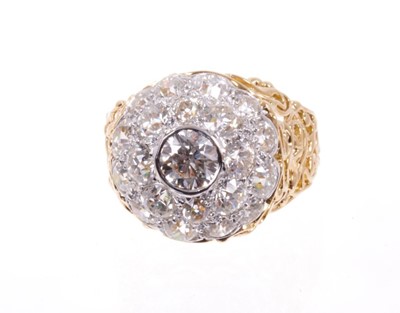 Lot 493 - Diamond cluster ring, the bombe style cluster with a central brilliant cut diamond estimated to weigh approximately 1ct, surrounded pavé set old cut diamonds, with gold wire work shoulders and shan...