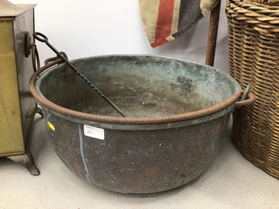Lot 144 - Large copper bowl, wicker log basket, brass...