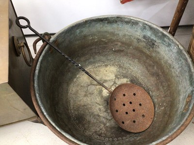 Lot 144 - Large copper bowl, wicker log basket, brass...