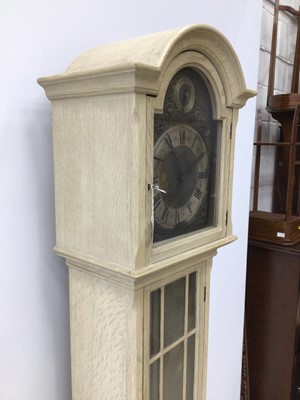 Lot 147 - Limed oak Grandfarther clock with pendulum and weights H188, W44, D28cm