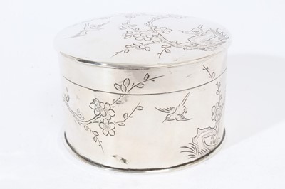 Lot 393 - Early 20th century Chinese silver pot and cover of cylindrical form with engraved decoration depicting birds and flowering prunus trees