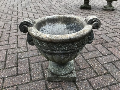 Lot 154 - Classical style marble urn with scrolled handles on square base H45, W48, D39cm