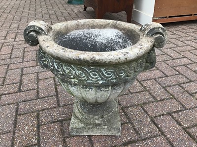 Lot 154 - Classical style marble urn with scrolled handles on square base H45, W48, D39cm