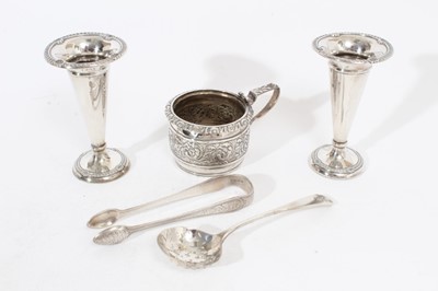 Lot 391 - Pair of Edwardian silver spill vases of trumpet form with shell and gadrooned borders, (Birmingham 1908), together with a Georgian silver mustard pot