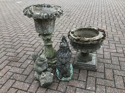 Lot 155 - Selection of four concrete garden ornaments to include two planters, gnome and a squirrel