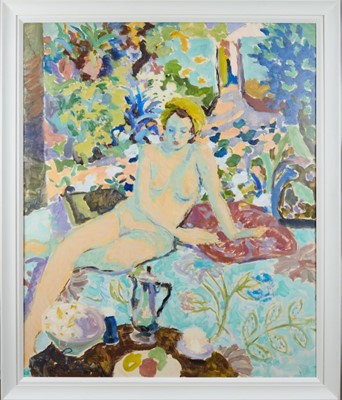 Lot 1230 - *Hugo Grenville (b.1958) oil on canvas - Freya and The Turkish Screen, initialled and dated '14, 117cm x 97cm, in painted frame, 1129cm x 109cm overall