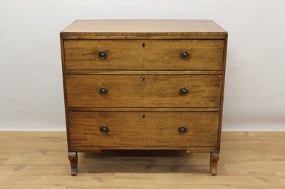 Lot 1446 - Regency mahogany chest of three long graduated drawers on scrolling feet, 91cm wide x 50cm deep x 92cm high