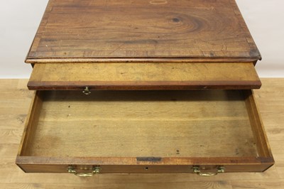 Lot 1445 - George II mahogany dressing chest of small size, with crossbanded top over brushing slide and four graduated drawers, each with brass swan neck handles on ogee bracket feet, 82cm wide x 48cm deep x...