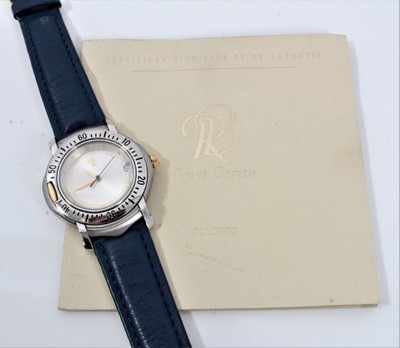 Lot 555 - René Boivin Solstice wristwatch, model number N157, reference A125, the deep recessed dial with date aperture, minute track and Roman numeral hour markers, in a stainless steel case with unusual hi...