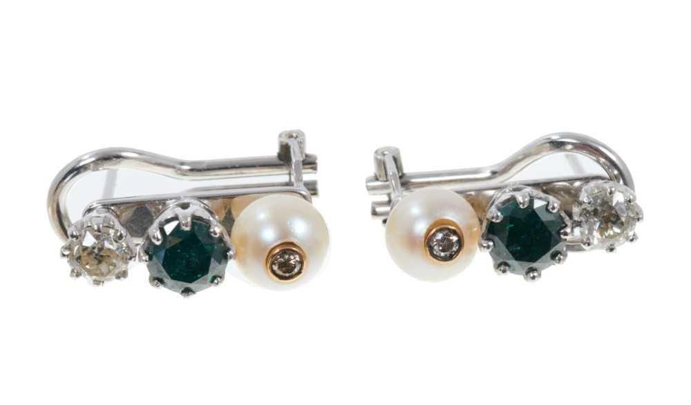 Lot 514 - Pair of diamond, green stone and cultured pearl earrings, each with an old cut diamond, round mixed cut green stone and 6.3-6.5mm cultured pearl, in white gold setting. Estimated total diamond weig...