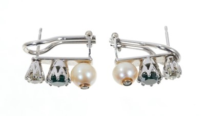 Lot 514 - Pair of diamond, green stone and cultured pearl earrings, each with an old cut diamond, round mixed cut green stone and 6.3-6.5mm cultured pearl, in white gold setting. Estimated total diamond weig...