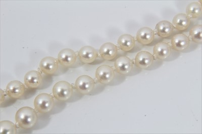 Lot 517 - Cultured pearl necklace with a string of graduated cultured pearls measuring approximately 7.25mm to 3.35mm on a good quality 18ct white gold diamond and sapphire clasp. Length approximately 51cm....