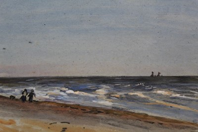 Lot 1138 - Robert G. D. Alexander (1875-1945) watercolour - two figures and dog walking on an Essex beach, signed, in glazed gilt frame, 26cm x 39cm