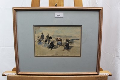 Lot 1142 - Robert G. D. Alexander (1875-1945) pencil and watercolour - figures gathered, 14cm x 20cm, together with another pencil sketch of a girl, signed, 27cm x 19cm, in glazed frames (2)