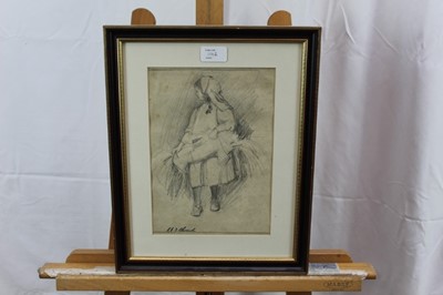 Lot 1142 - Robert G. D. Alexander (1875-1945) pencil and watercolour - figures gathered, 14cm x 20cm, together with another pencil sketch of a girl, signed, 27cm x 19cm, in glazed frames (2)