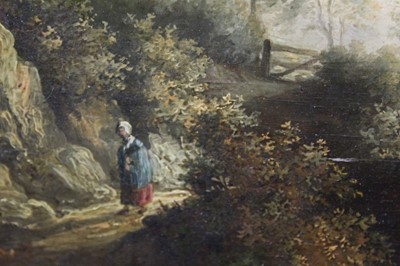 Lot 1158 - James Stark (1794-1859) oil on panel - figure on a track beside a river, 31cm x 26cm, in gilt frame p